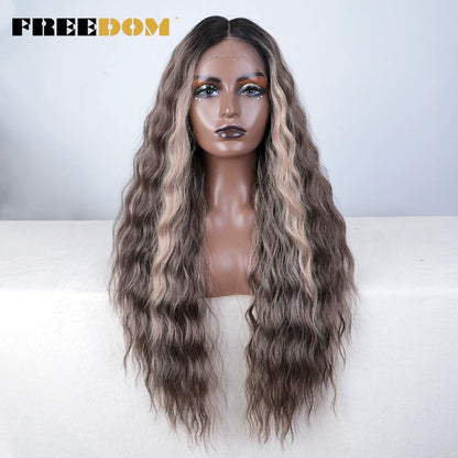FREEDOM Synthetic Lace Front Wig Long Deep Wavy Ombre Blonde Ginger Lace Wigs For Black Women Heat Resistant Cosplay Wigs