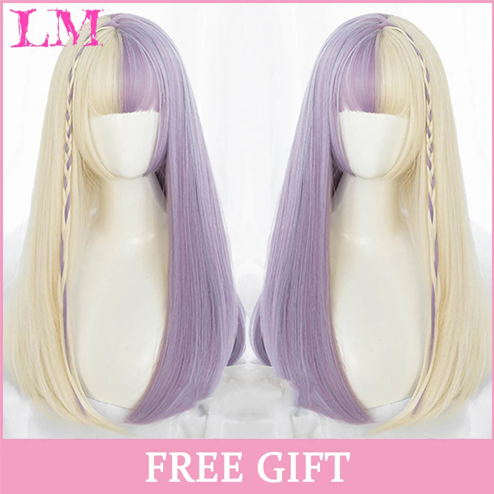 LM Synthetic Long Straight Lolita Wig with Bangs Wig Girl Cute Ombre Pink Blonde Black Cosplay Party Halloween Harajuku Wig