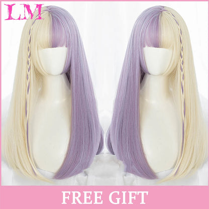 LM Synthetic Long Straight Lolita Wig with Bangs Wig Girl Cute Ombre Pink Blonde Black Cosplay Party Halloween Harajuku Wig