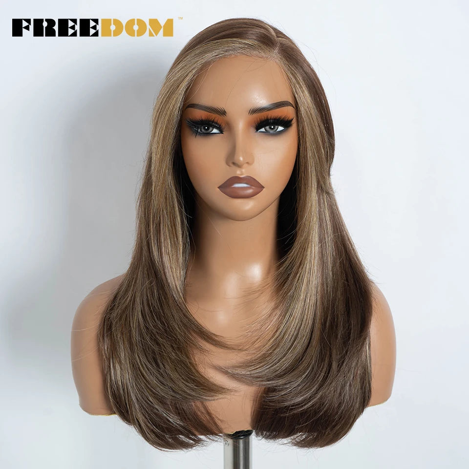 FREEDOM Synthetic Lace Wigs For Women Straight Layered Lace Wig 18 Inch Side Part Pre Plucked Ombre Brown Blonde Cosplay Wigs