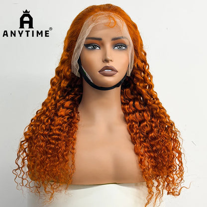 22 inches Water Wave Wavy Curly Human Hair 200% Density 13x4 Transparent Lace Front Human Hair Wig Ginger 350 Orange Color