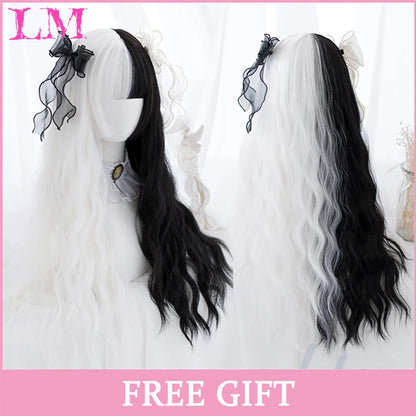 LM Synthetic Long Straight Lolita Wig with Bangs Wig Girl Cute Ombre Pink Blonde Black Cosplay Party Halloween Harajuku Wig