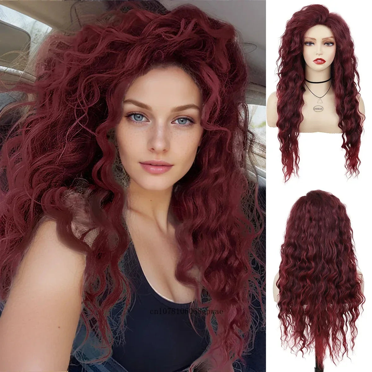 Red Hair Synthetic Long Curly Wig with Bangs Water Wave Wigs for Women Ladies Cosplay Halloween Costume Lolita Party Dress Up