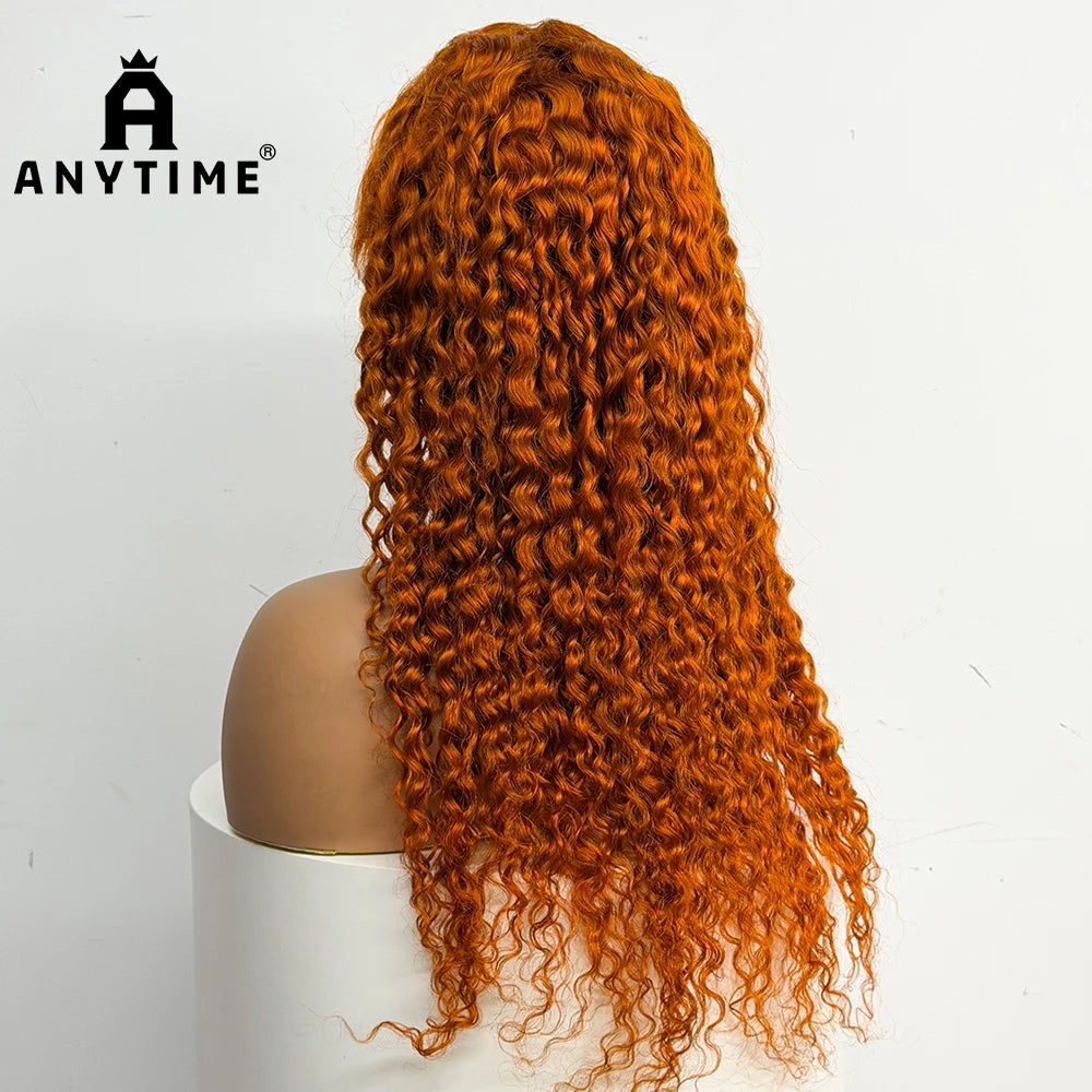 22 inches Water Wave Wavy Curly Human Hair 200% Density 13x4 Transparent Lace Front Human Hair Wig Ginger 350 Orange Color