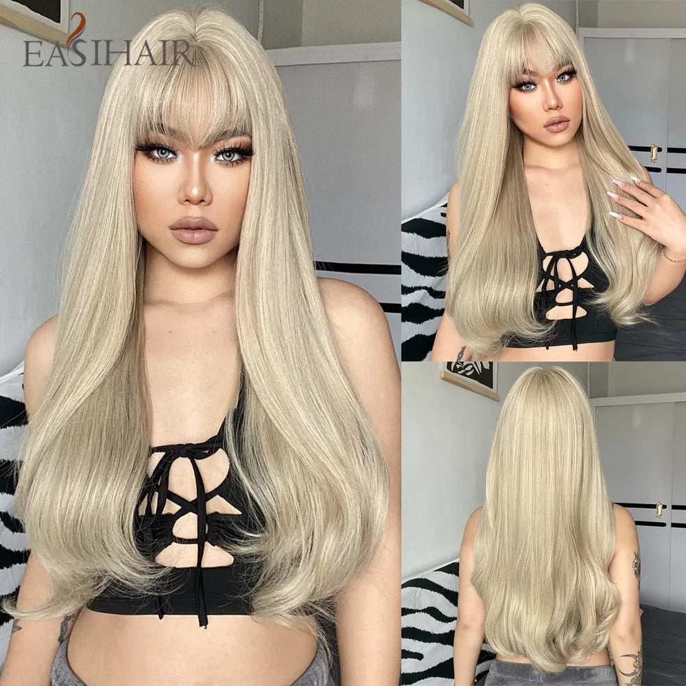 EASIHAIR Ombre Brown Light Blonde Platinum Long Wavy Middle Part Hair Wig Cosplay Natural Heat Resistant Synthetic Wig for Women