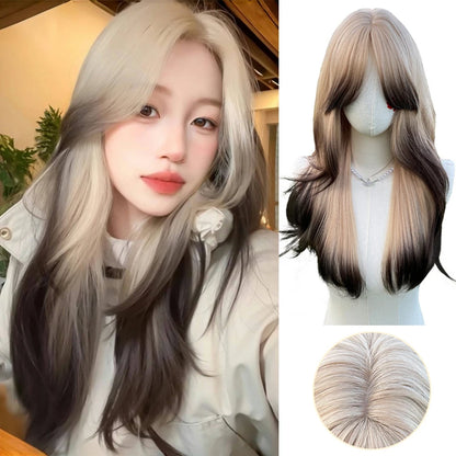 Long Wavy Wave Ombre Black Brown Purple Cosplay Wigs Heat Resistant Synthetic Wigs Middle Part Natural Lolita Wigs For Women