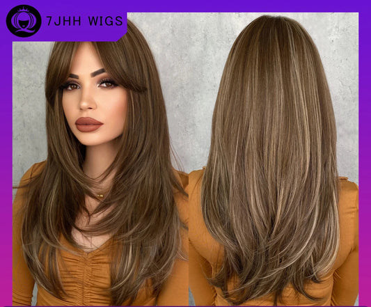 7JHH WIGS Honey Blonde Wig with Bangs Long Brown Wigs for Women,Layered Heat Resistant Synthetic Wigs for Daily Use
