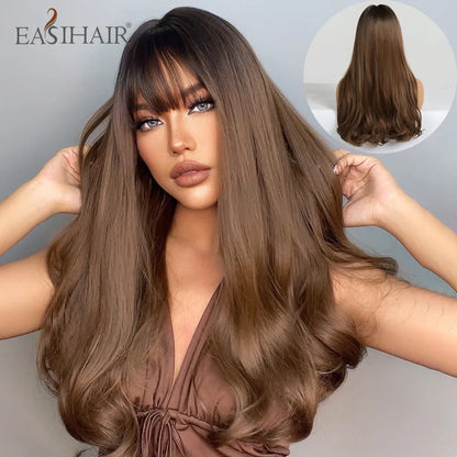 EASIHAIR Ombre Brown Light Blonde Platinum Long Wavy Middle Part Hair Wig Cosplay Natural Heat Resistant Synthetic Wig for Women