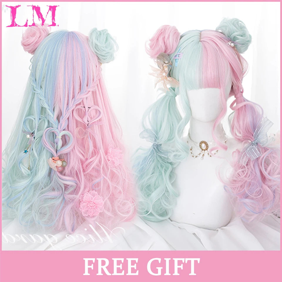 LM Synthetic Long Straight Lolita Wig with Bangs Wig Girl Cute Ombre Pink Blonde Black Cosplay Party Halloween Harajuku Wig