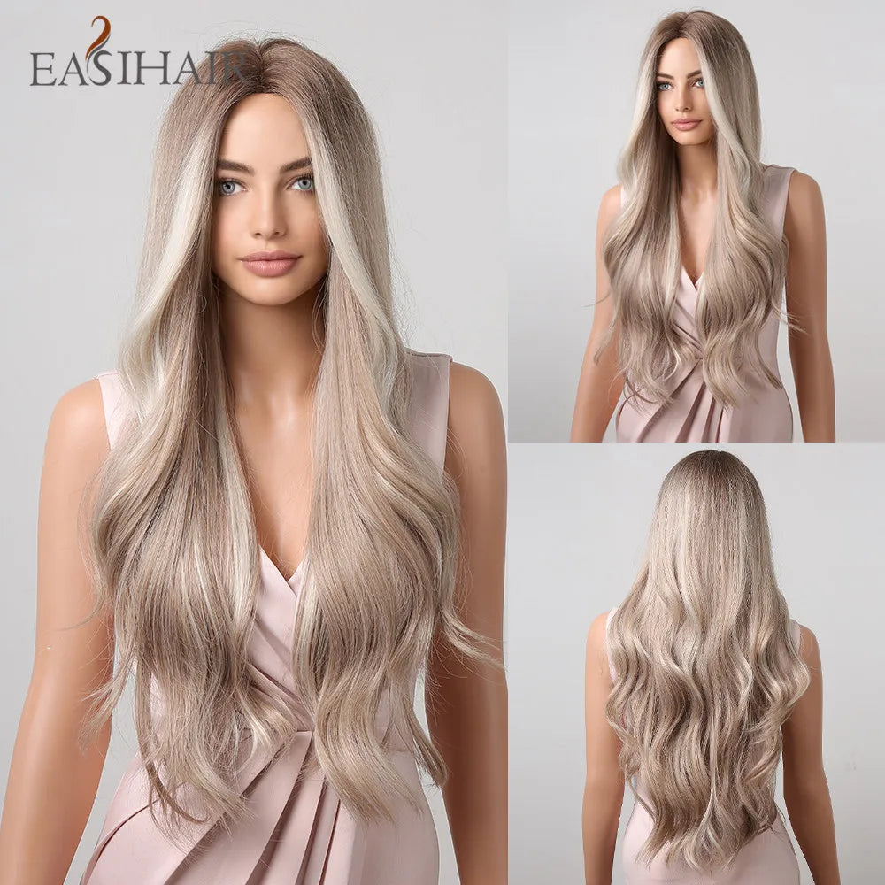 EASIHAIR Ombre Brown Light Blonde Platinum Long Wavy Middle Part Hair Wig Cosplay Natural Heat Resistant Synthetic Wig for Women
