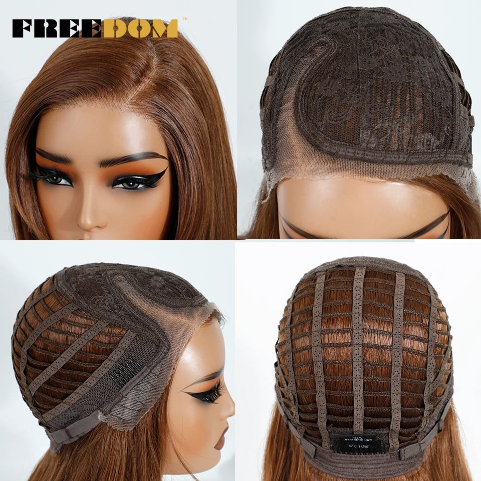 FREEDOM Synthetic Lace Wigs For Women Straight Layered Lace Wig 18 Inch Side Part Pre Plucked Ombre Brown Blonde Cosplay Wigs