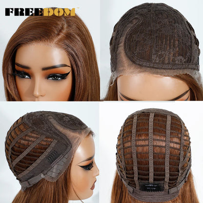 FREEDOM Synthetic Lace Wigs For Women Straight Layered Lace Wig 18 Inch Side Part Pre Plucked Ombre Brown Blonde Cosplay Wigs