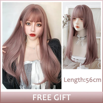 LM Synthetic Long Straight Lolita Wig with Bangs Wig Girl Cute Ombre Pink Blonde Black Cosplay Party Halloween Harajuku Wig