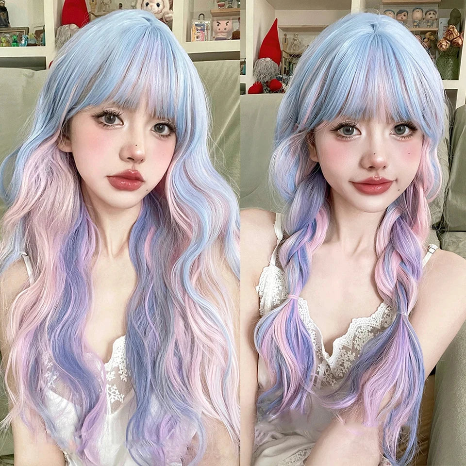 Long Wavy Wave Ombre Black Brown Purple Cosplay Wigs Heat Resistant Synthetic Wigs Middle Part Natural Lolita Wigs For Women