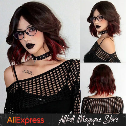 Short Natural Wavy Synthetic Wig 12inch Black Highlight Red Hair Wigs For Women Daily T-part Bob Wig Christmas Party Cosplay Wig