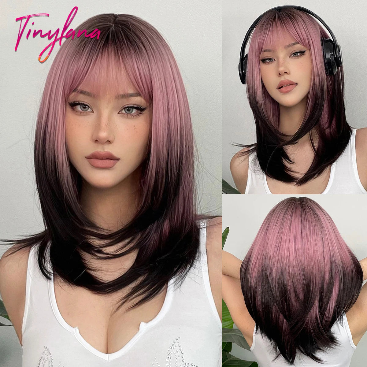 Long Straight Ombre Brown Synthetic Wigs with Bangs Brown Layered Wig Cosplay for Women Afro Daily Natural Hair Heat Resistant