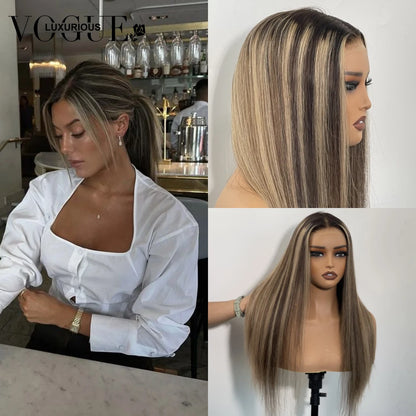 Highlight Brown Blonde 100% Human Hair Wig  for Women Synthetic Dark Brown Highlight Wig  Natural Straight for Daily Party Use