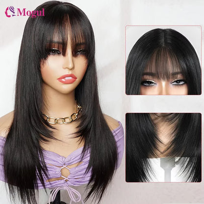 Layered Cut Human Wig 14-30Inch Glueless Straight Drawstring Human Hair Wig With Bangs 4x4Lace Wig Human Hair Multi Parting Wigs