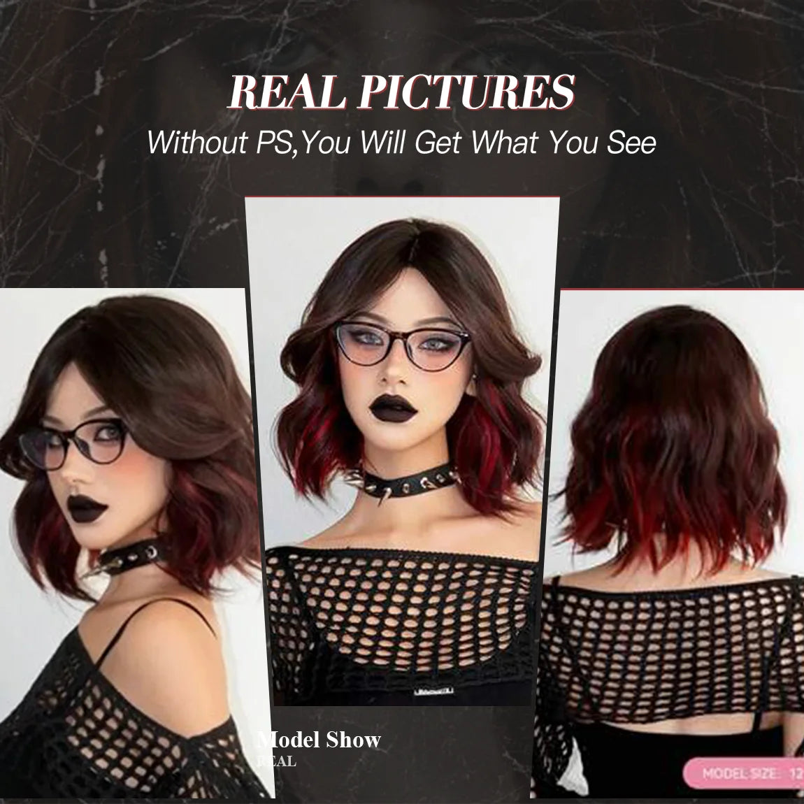 Short Natural Wavy Synthetic Wig 12inch Black Highlight Red Hair Wigs For Women Daily T-part Bob Wig Christmas Party Cosplay Wig