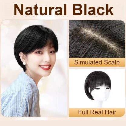 100% Human Hair Short Wig with Bangs Fashionable Women Natural Looking Black Hairpiece Breathable Cap Wig for Daily Wear Cosplay