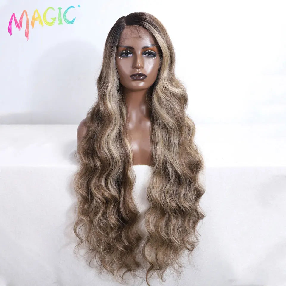 Magic Synthetic Lace Front Wig Long Wavy 36 Inch Cosplay Body Wavy Side Part Lace Wig For Women Lace Front Wig Ombre Blonde  Wig