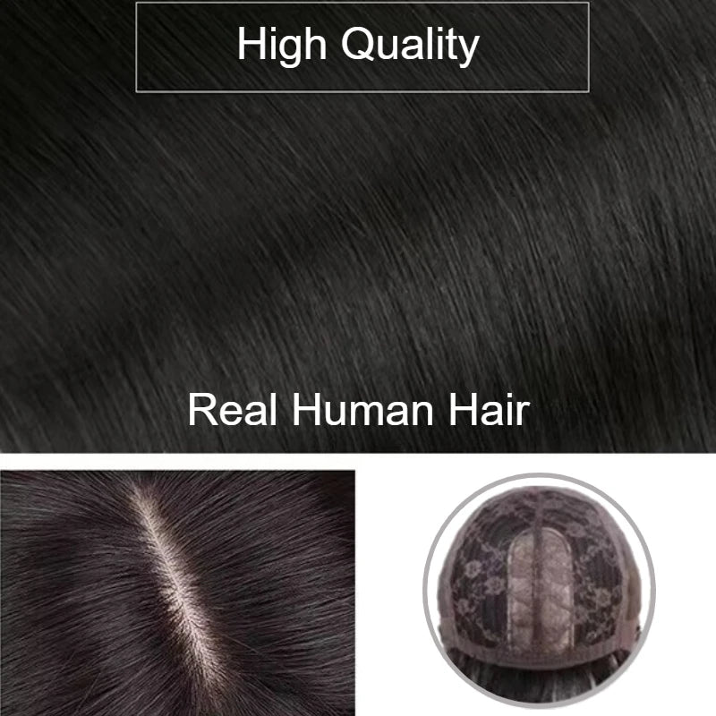 100% Human Hair Short Wig with Bangs Fashionable Women Natural Looking Black Hairpiece Breathable Cap Wig for Daily Wear Cosplay