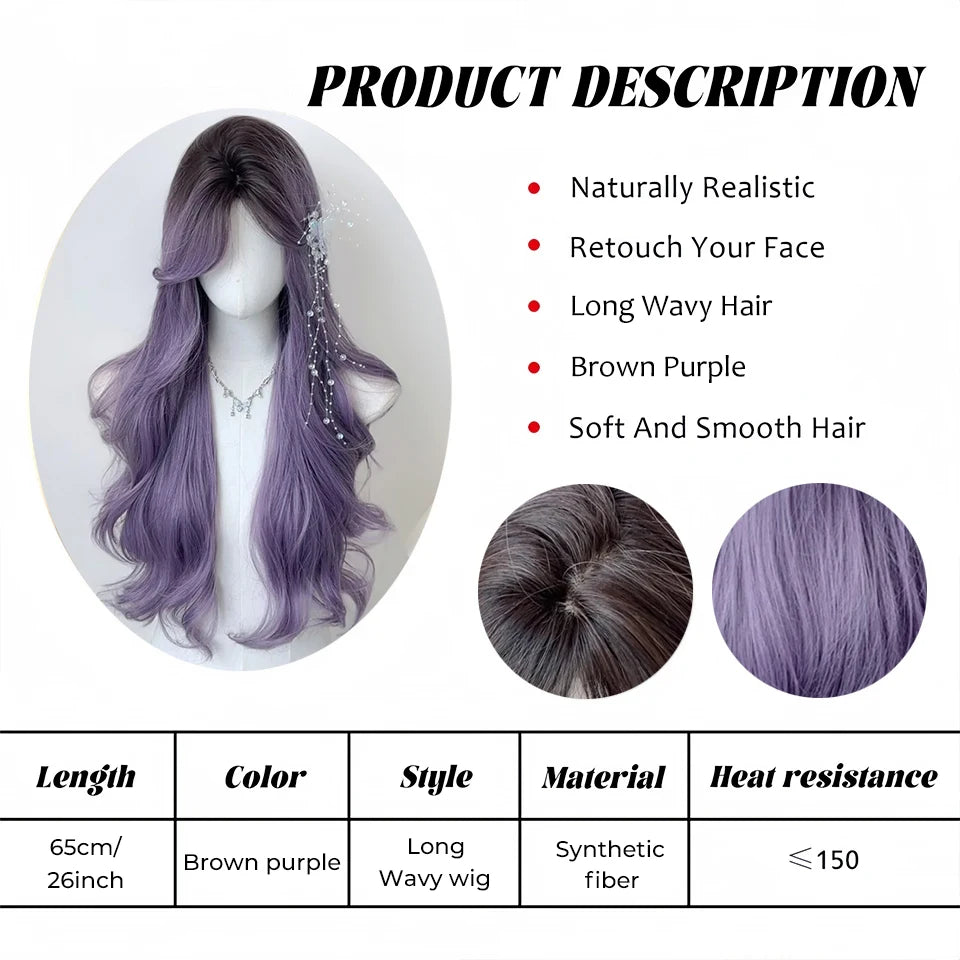 Long Wavy Wave Ombre Black Brown Purple Cosplay Wigs Heat Resistant Synthetic Wigs Middle Part Natural Lolita Wigs For Women