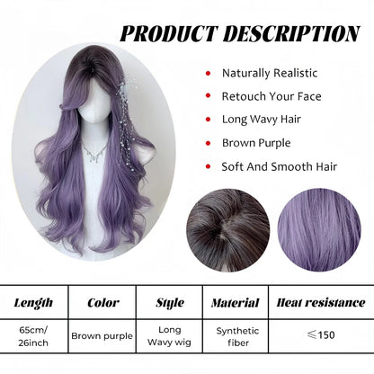 Long Wavy Wave Ombre Black Brown Purple Cosplay Wigs Heat Resistant Synthetic Wigs Middle Part Natural Lolita Wigs For Women