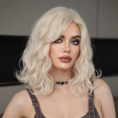 NAMM High Density Synthetic Middle Part Blonde White Wig For Women Daily Short Wavy Bob Wigs With Curtain Bangs Glueless Wig