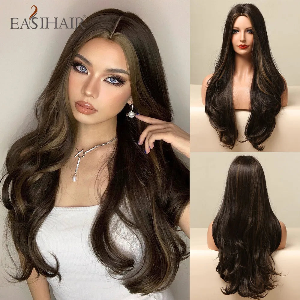 EASIHAIR Ombre Brown Light Blonde Platinum Long Wavy Middle Part Hair Wig Cosplay Natural Heat Resistant Synthetic Wig for Women
