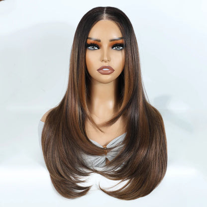 Synthetic Lace Front Wigs For Black Woman Layered Straight Wear and Go Glueless Wigs Ombre Brown T Part & 6x4 Pre Plucked Wig