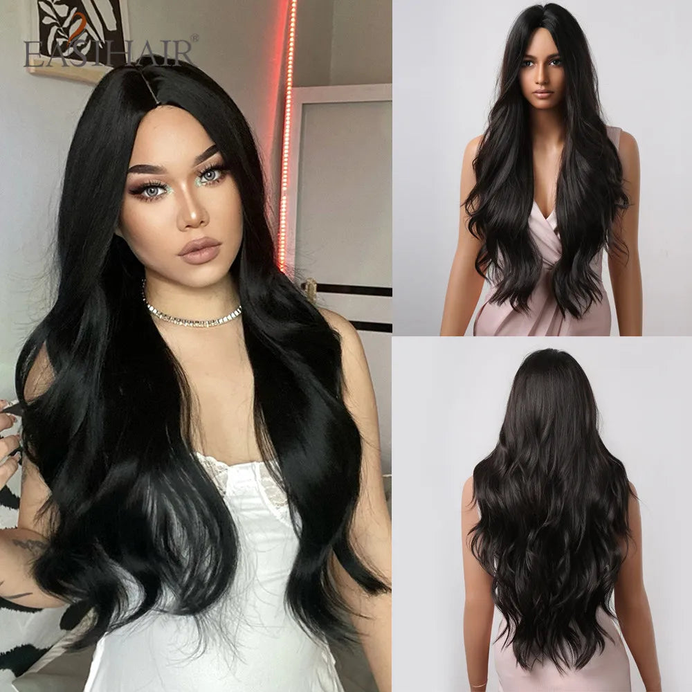 EASIHAIR Ombre Brown Light Blonde Platinum Long Wavy Middle Part Hair Wig Cosplay Natural Heat Resistant Synthetic Wig for Women
