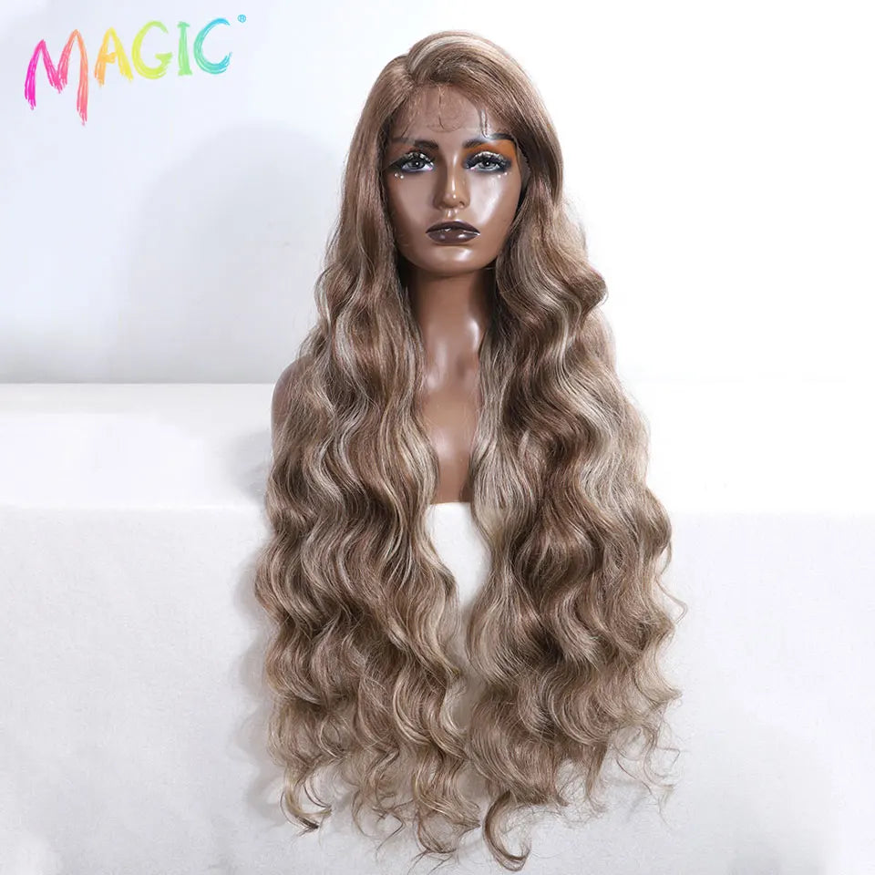 Magic Synthetic Lace Front Wig Long Wavy 36 Inch Cosplay Body Wavy Side Part Lace Wig For Women Lace Front Wig Ombre Blonde  Wig
