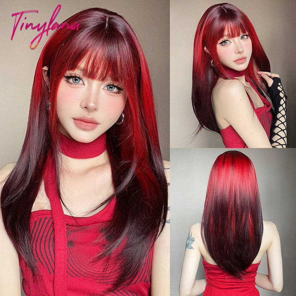 Long Straight Ombre Brown Synthetic Wigs with Bangs Brown Layered Wig Cosplay for Women Afro Daily Natural Hair Heat Resistant