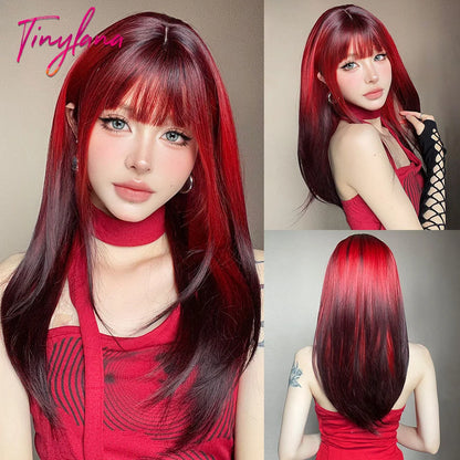 Long Straight Ombre Brown Synthetic Wigs with Bangs Brown Layered Wig Cosplay for Women Afro Daily Natural Hair Heat Resistant