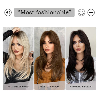 7JHH WIGS Honey Blonde Wig with Bangs Long Brown Wigs for Women,Layered Heat Resistant Synthetic Wigs for Daily Use