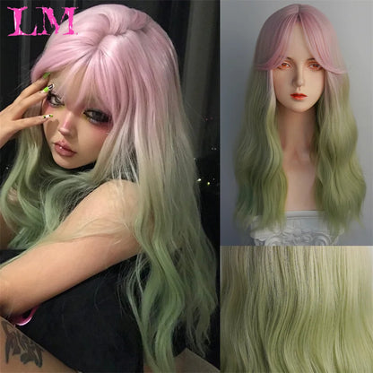 LM Synthetic Long Straight Lolita Wig with Bangs Wig Girl Cute Ombre Pink Blonde Black Cosplay Party Halloween Harajuku Wig