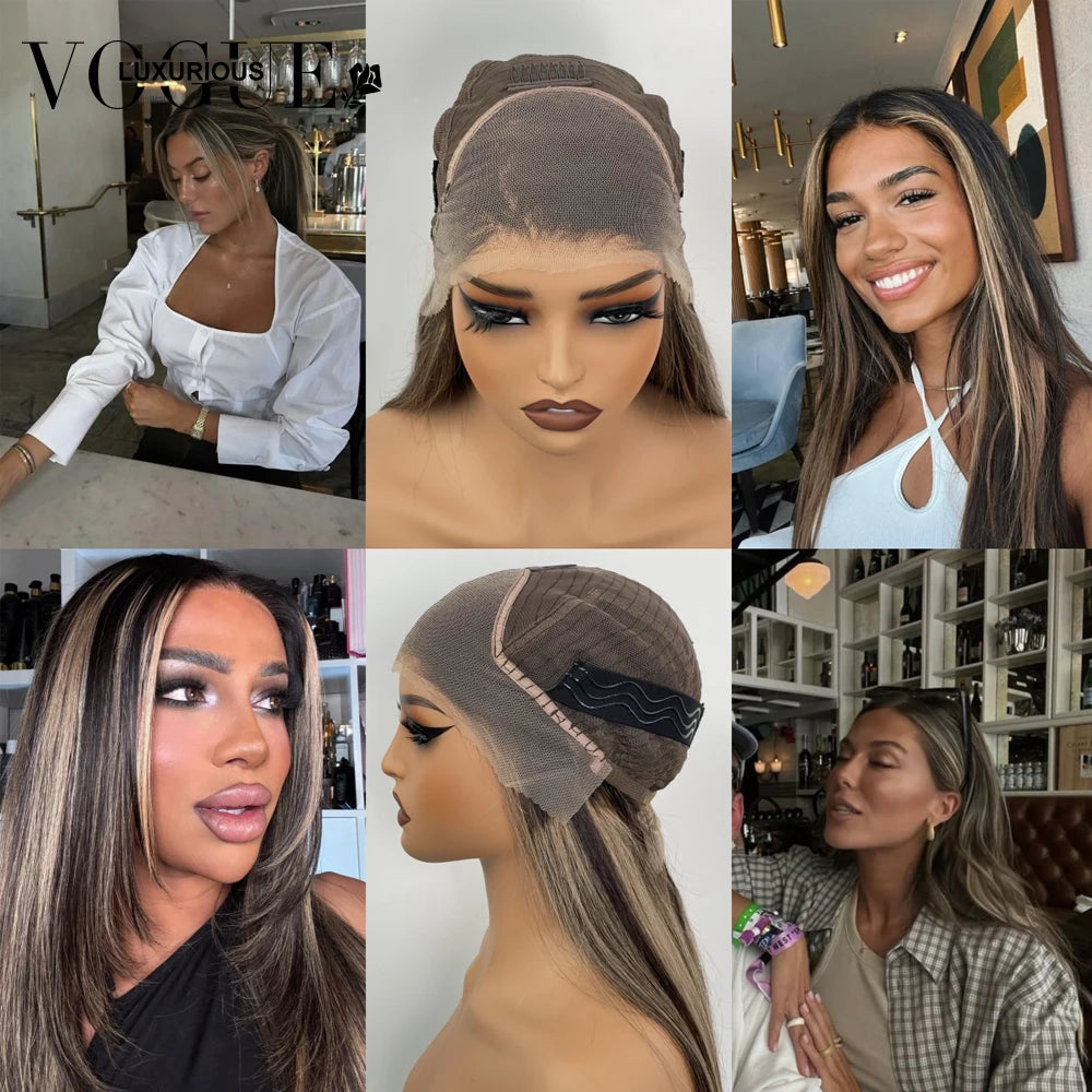 Highlight Brown Blonde 100% Human Hair Wig  for Women Synthetic Dark Brown Highlight Wig  Natural Straight for Daily Party Use