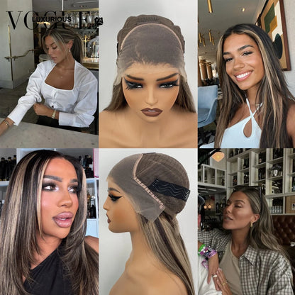 Highlight Brown Blonde 100% Human Hair Wig  for Women Synthetic Dark Brown Highlight Wig  Natural Straight for Daily Party Use