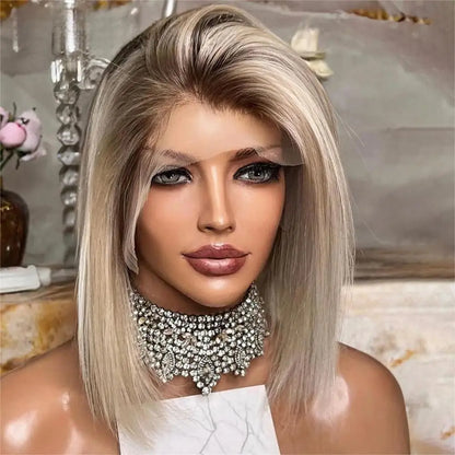 100% Human Hair Wigs HD Transparent Lace Wig Straight Short Bob Wig Ash Blonde Color 13x4 Lace Frontal Wig 180 Density HD Wigs