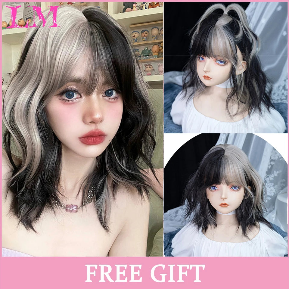 LM Synthetic Long Straight Lolita Wig with Bangs Wig Girl Cute Ombre Pink Blonde Black Cosplay Party Halloween Harajuku Wig