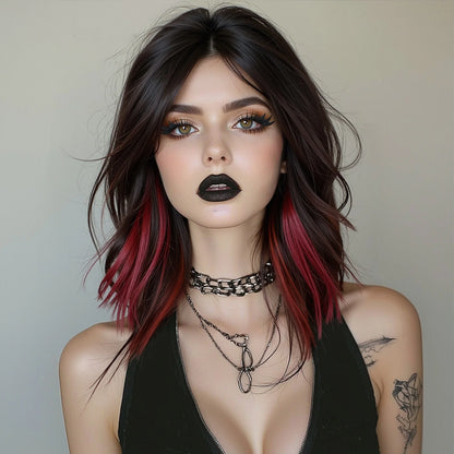 Short Natural Wavy Synthetic Wig 12inch Black Highlight Red Hair Wigs For Women Daily T-part Bob Wig Christmas Party Cosplay Wig