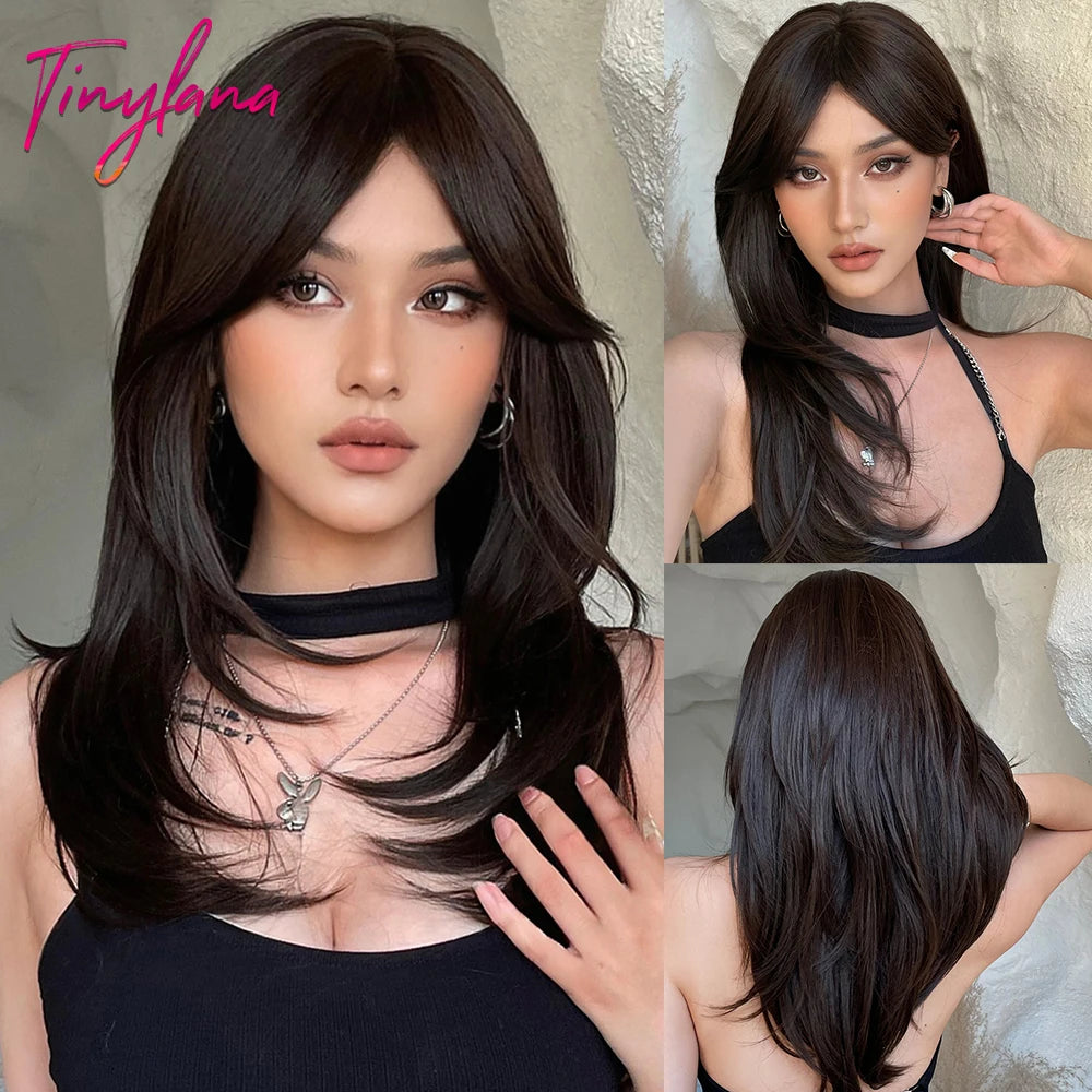 Long Straight Ombre Brown Synthetic Wigs with Bangs Brown Layered Wig Cosplay for Women Afro Daily Natural Hair Heat Resistant