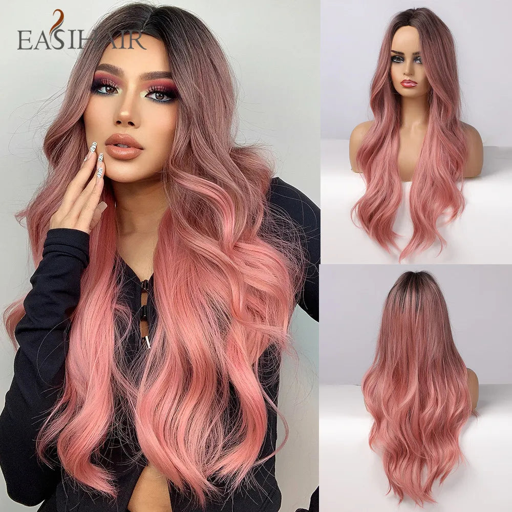 EASIHAIR Ombre Brown Light Blonde Platinum Long Wavy Middle Part Hair Wig Cosplay Natural Heat Resistant Synthetic Wig for Women
