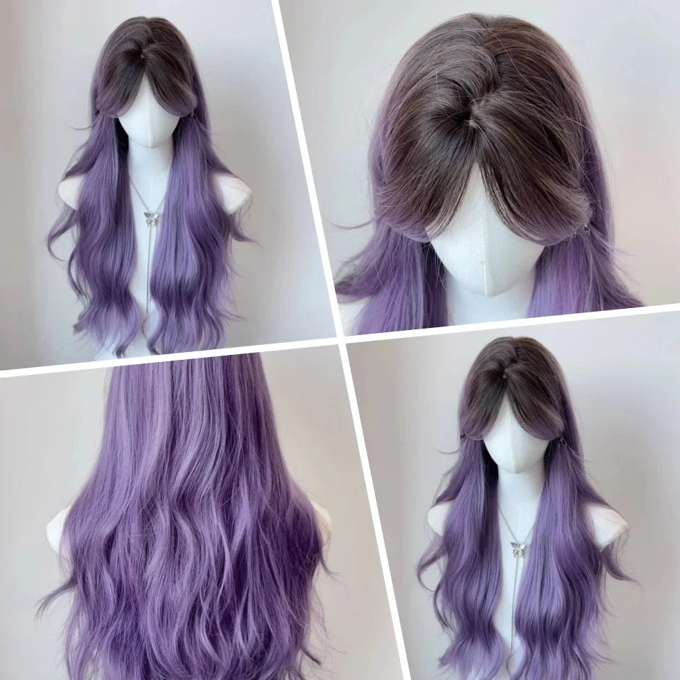 Long Wavy Wave Ombre Black Brown Purple Cosplay Wigs Heat Resistant Synthetic Wigs Middle Part Natural Lolita Wigs For Women