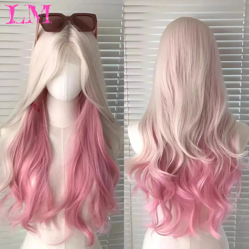 LM Synthetic Long Straight Lolita Wig with Bangs Wig Girl Cute Ombre Pink Blonde Black Cosplay Party Halloween Harajuku Wig