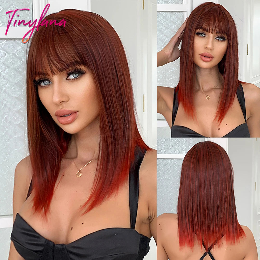 Long Straight Ombre Brown Synthetic Wigs with Bangs Brown Layered Wig Cosplay for Women Afro Daily Natural Hair Heat Resistant