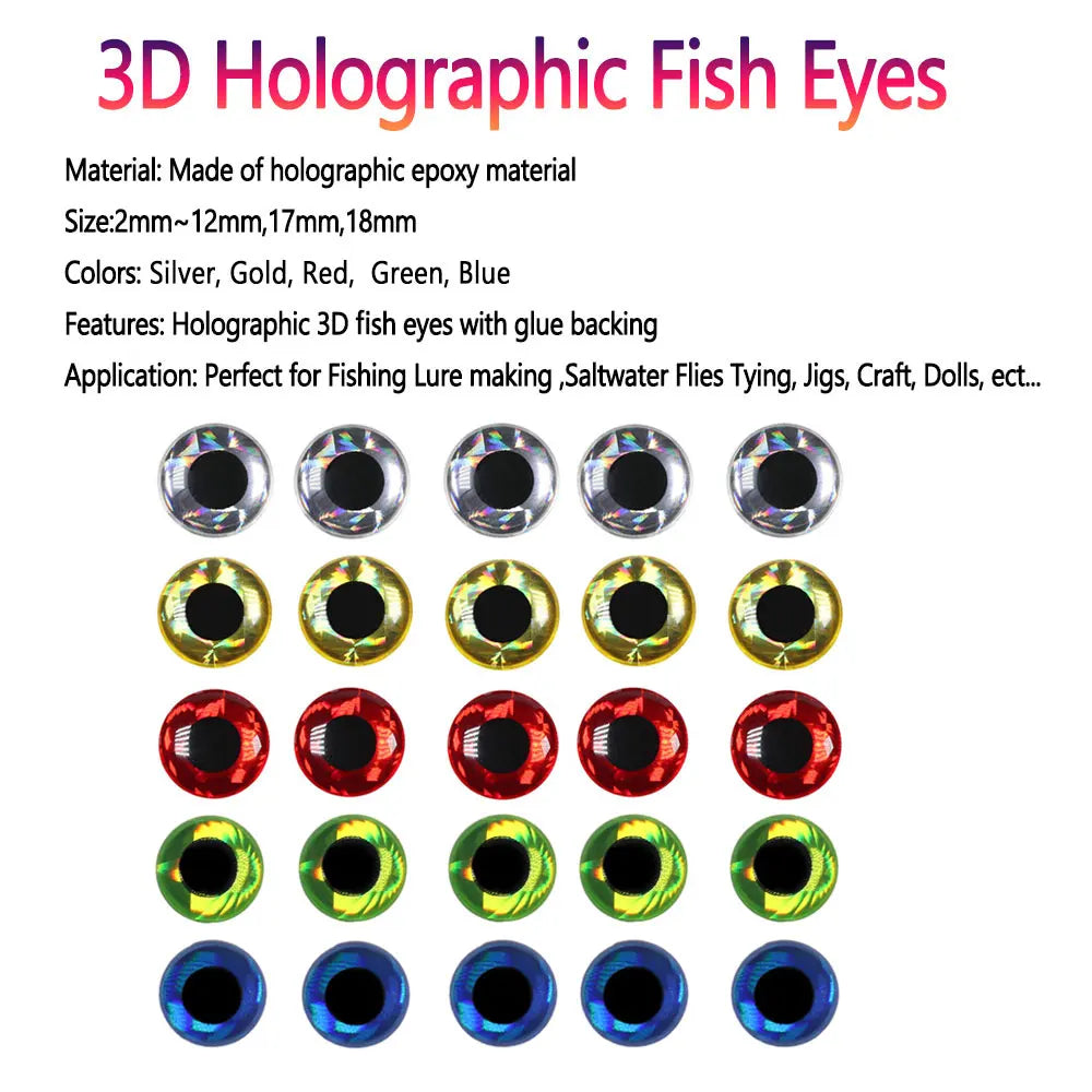 Bimoo 100pcs 3D Holographic Fish Eyes Saltwater Streamer Flies Tying Material Jigs Craft Dolls Eyes Fishing Jig Lure Bait Making