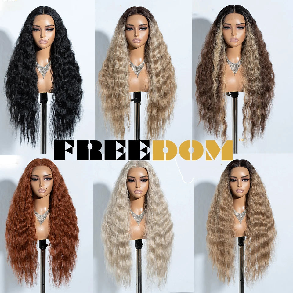 FREEDOM Synthetic Lace Front Wig Long Deep Wavy Ombre Blonde Ginger Lace Wigs For Black Women Heat Resistant Cosplay Wigs