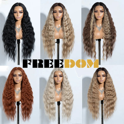 FREEDOM Synthetic Lace Front Wig Long Deep Wavy Ombre Blonde Ginger Lace Wigs For Black Women Heat Resistant Cosplay Wigs